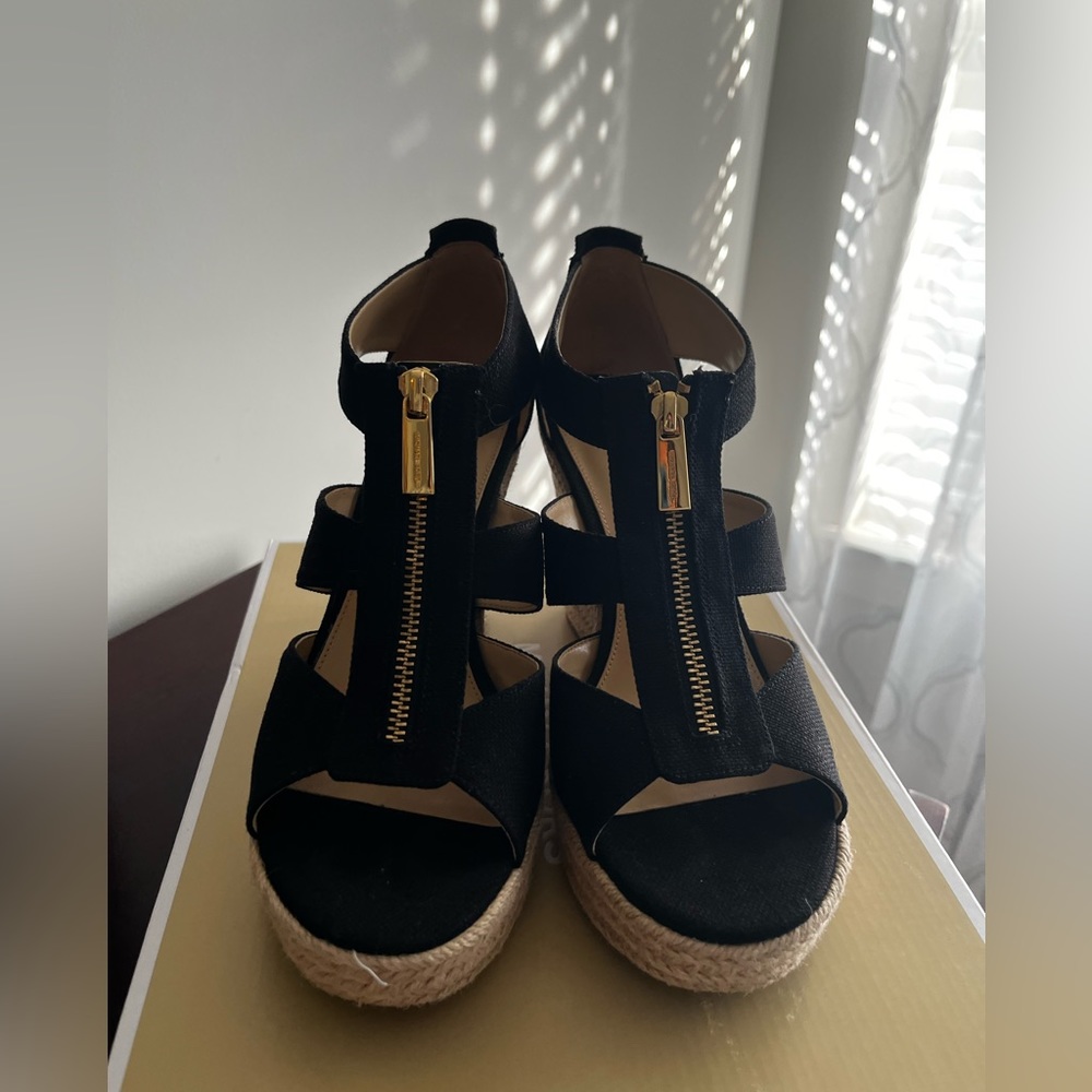 Michel Kors Black Zip Wedge with gold zipper